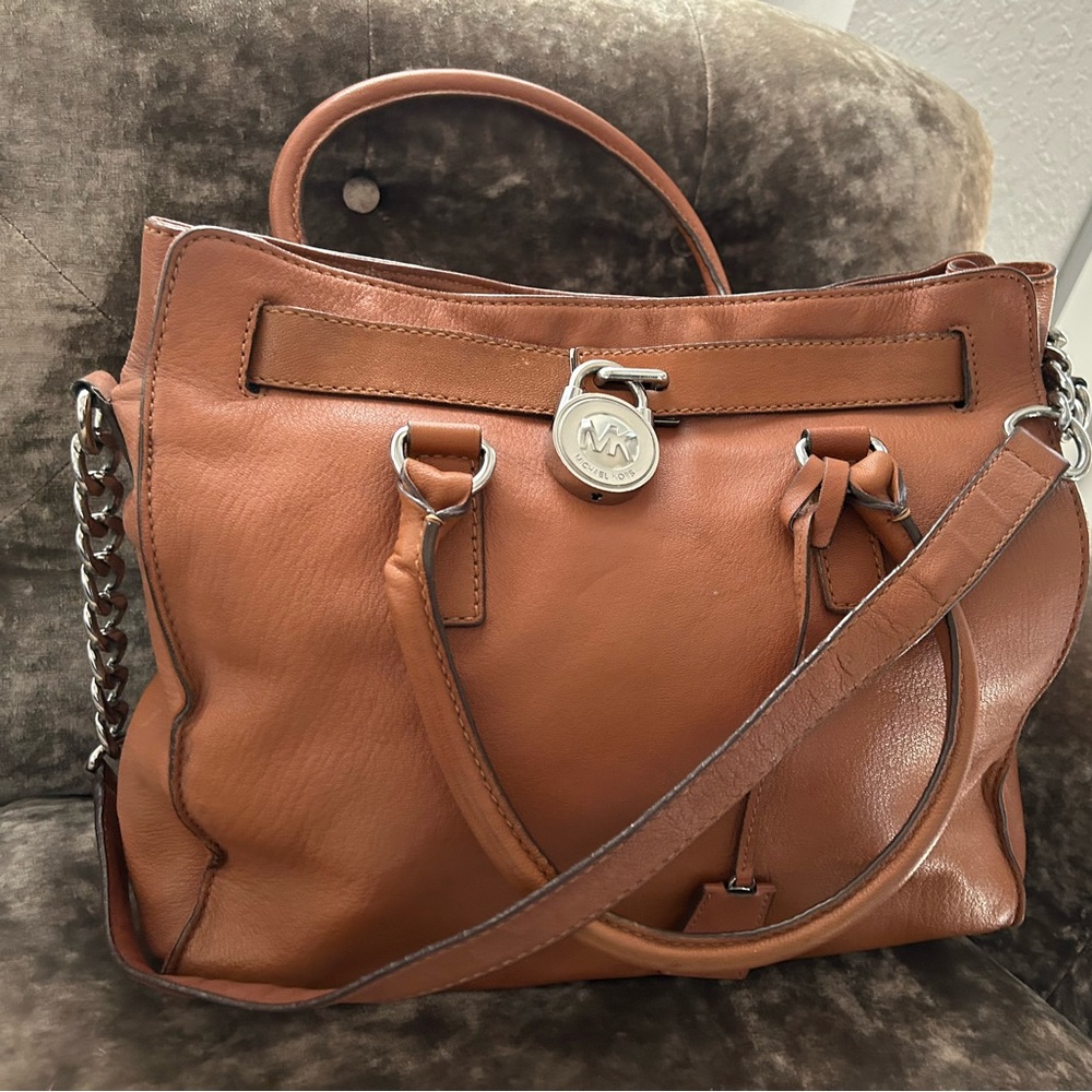Michael Kors Hamilton satchel bag medium brown with silver chain